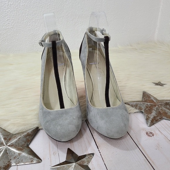 Shoes of Prey retro t-strap pumps pink polka dots gray suede metallic silver 38 - Picture 2 of 6